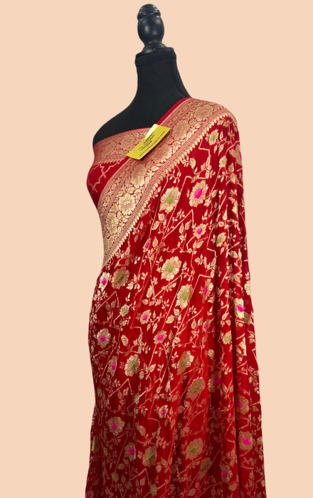 Red Pure Khaddi Georgette Banarasi Handloom Saree - Meenakari
