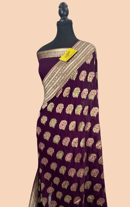 Wine Pure Khaddi Georgette Banarasi Handloom Saree