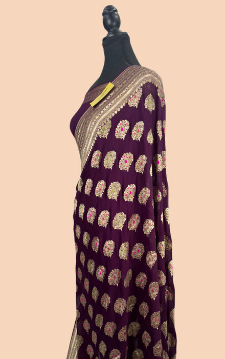Wine Pure Khaddi Georgette Banarasi Handloom Saree