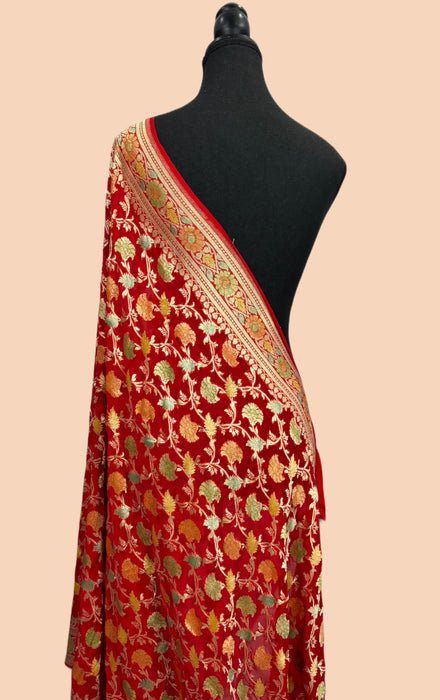 Red Pure Khaddi Georgette Banarasi Handloom Dupatta - Hand Meenakari