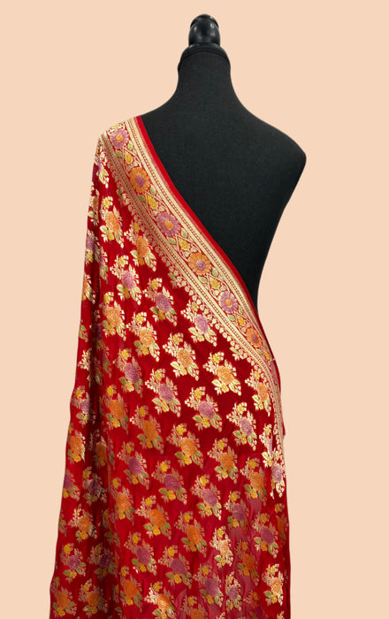 Red Pure Khaddi Georgette Banarasi Handloom Dupatta - Hand Meenakari