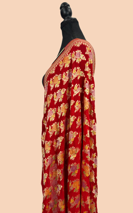 Red Pure Khaddi Georgette Banarasi Handloom Dupatta - Hand Meenakari