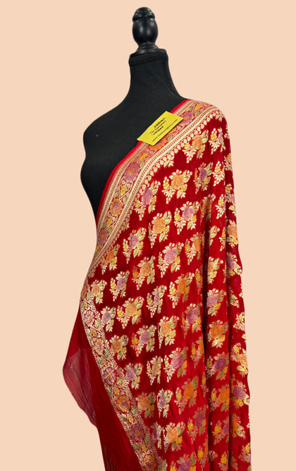 Red Pure Khaddi Georgette Banarasi Handloom Dupatta - Hand Meenakari