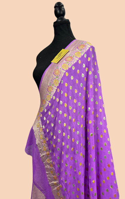 Lavender Pure Khaddi Georgette Banarasi Handloom Dupatta - Hand Meenakari