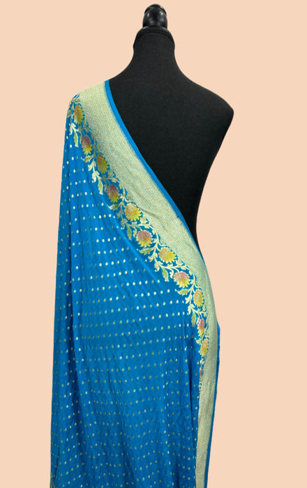 Blue Pure Khaddi Georgette Banarasi Handloom Dupatta - Hand Meenakari