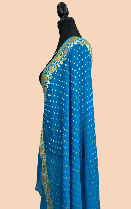 Blue Pure Khaddi Georgette Banarasi Handloom Dupatta - Hand Meenakari