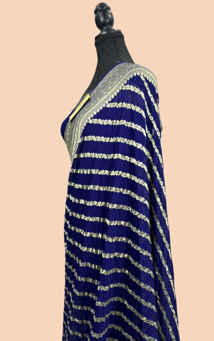 Navy Blue Khaddi Georgette Banarasi Handloom Saree - Water Zari