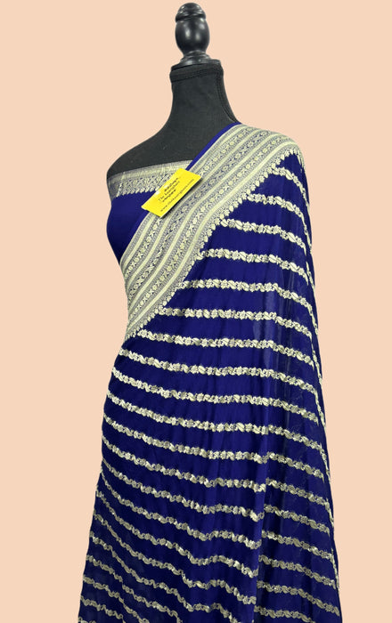 Navy Blue Khaddi Georgette Banarasi Handloom Saree - Water Zari
