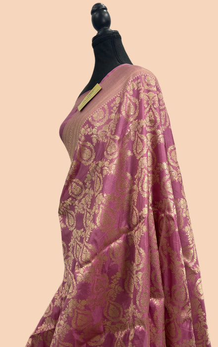 Rose Gold Pure Katan Banarasi Handloom Saree - Sona Jaal work