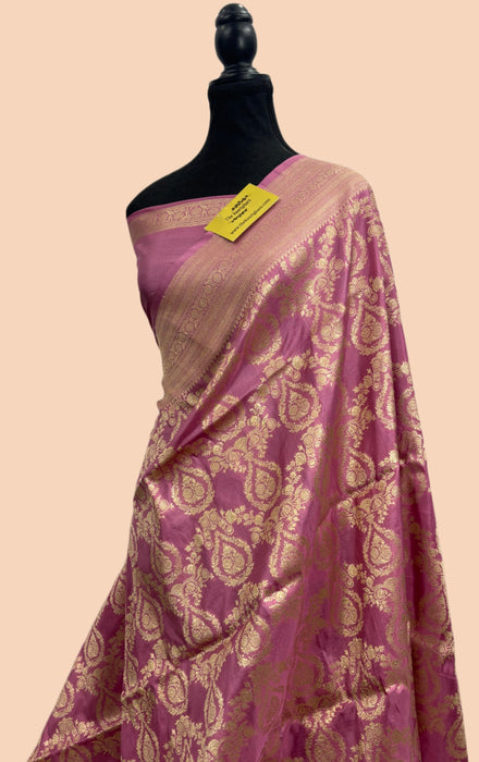 Rose Gold Pure Katan Banarasi Handloom Saree - Sona Jaal work