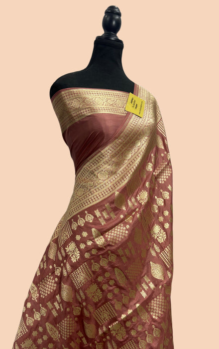 Old Rose Pure Katan Banarasi Handloom Saree - Sona Jaal Work