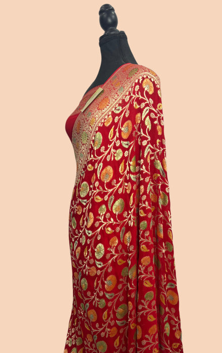 Red Khaddi Georgette Banarasi Handloom Saree - Hand Meenakari