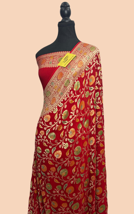 Red Khaddi Georgette Banarasi Handloom Saree - Hand Meenakari