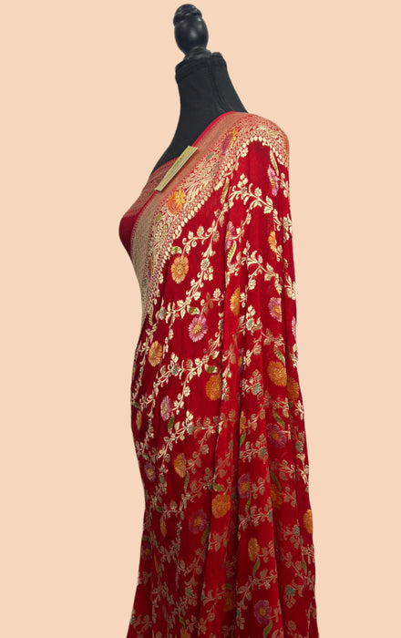 Red Khaddi Georgette Banarasi Handloom Saree - Hand Meenakari