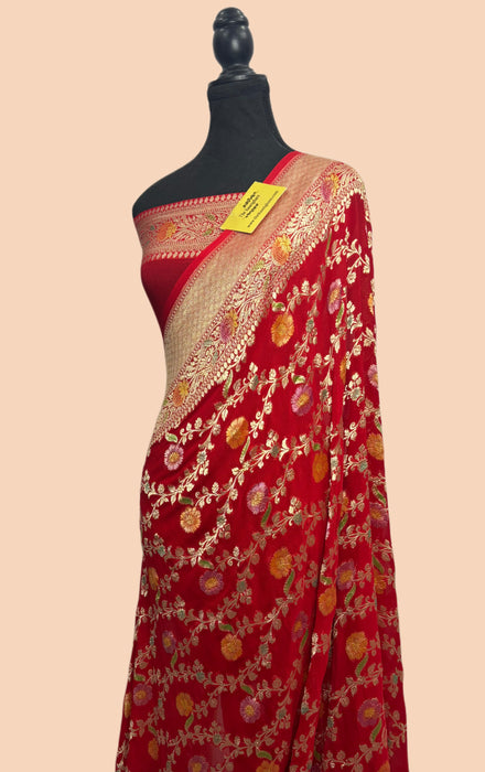 Red Khaddi Georgette Banarasi Handloom Saree - Hand Meenakari