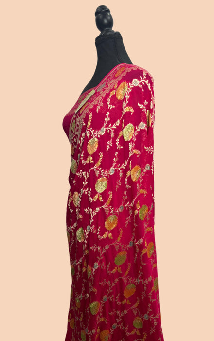Rani Khaddi Georgette Banarasi Handloom Saree - Hand Meenakari