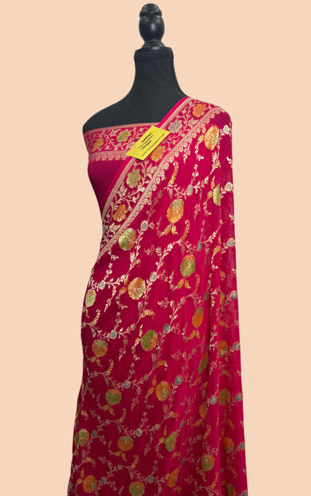 Rani Khaddi Georgette Banarasi Handloom Saree - Hand Meenakari