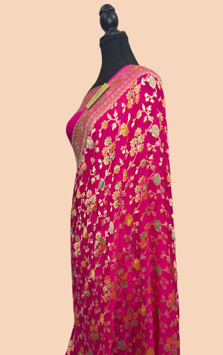 Rani Khaddi Georgette Banarasi Saree - Hand Meenakari