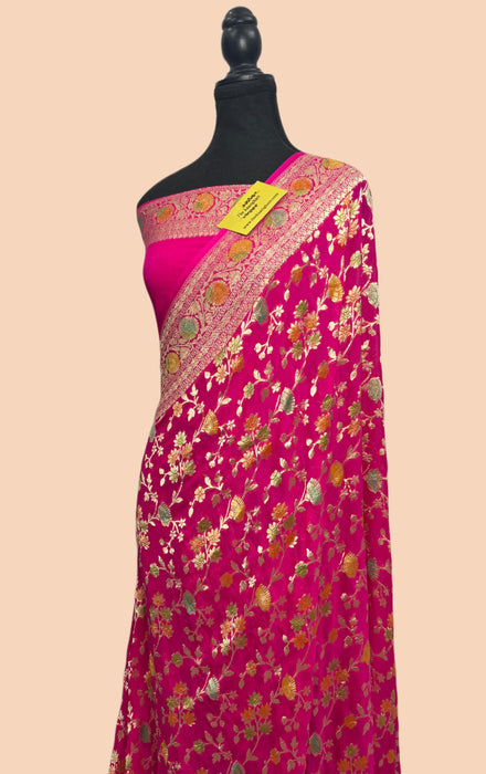 Rani Khaddi Georgette Banarasi Saree - Hand Meenakari