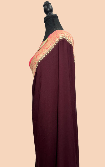 Wine Khaddi Georgette Banarasi Handloom Saree -  Water Work