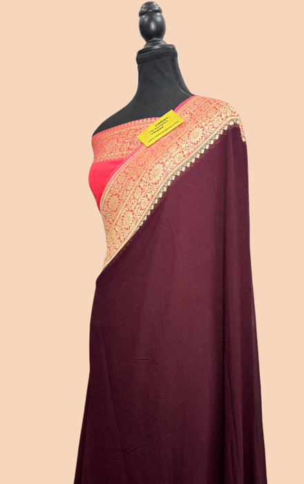 Wine Khaddi Georgette Banarasi Handloom Saree -  Water Work