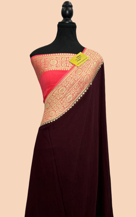 Wine Khaddi Georgette Banarasi Handloom Saree -  Water Work