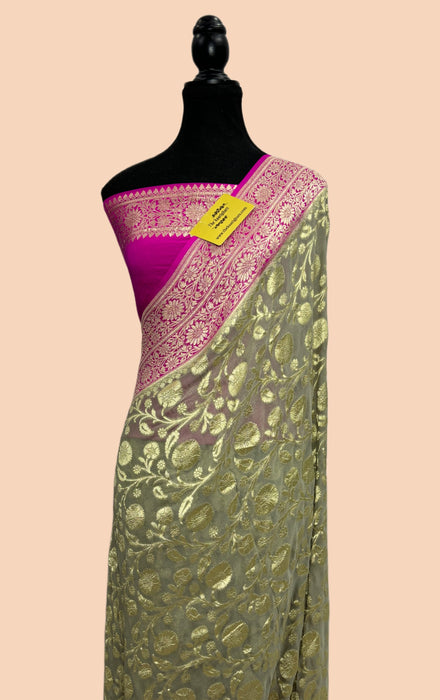 Ivory Khaddi Georgette Banarasi Handloom Saree - Water Zari