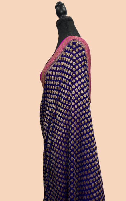 Navy Blue Khaddi Georgette Banarasi Handloom Saree - Antique Zari