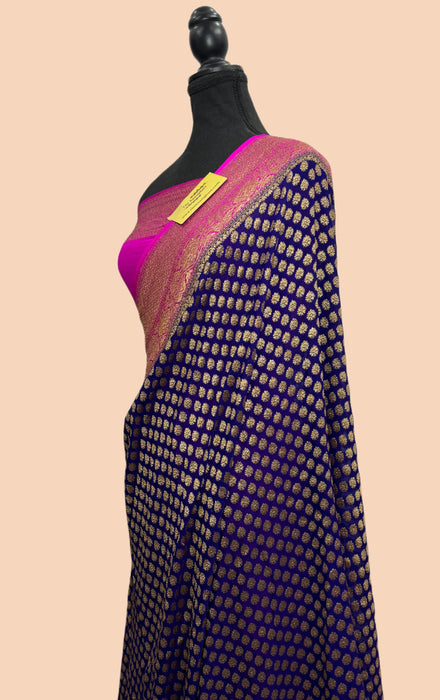 Navy Blue Khaddi Georgette Banarasi Handloom Saree - Antique Zari