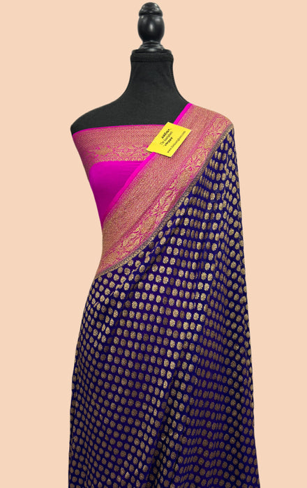Navy Blue Khaddi Georgette Banarasi Handloom Saree - Antique Zari