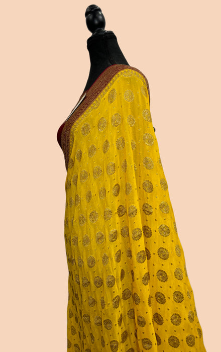 Italian Yellow Khaddi Georgette Banarasi Handloom Saree - Antique Zari