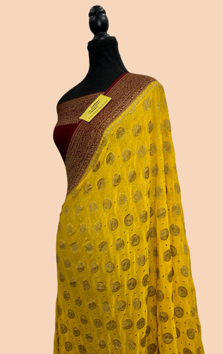 Italian Yellow Khaddi Georgette Banarasi Handloom Saree - Antique Zari