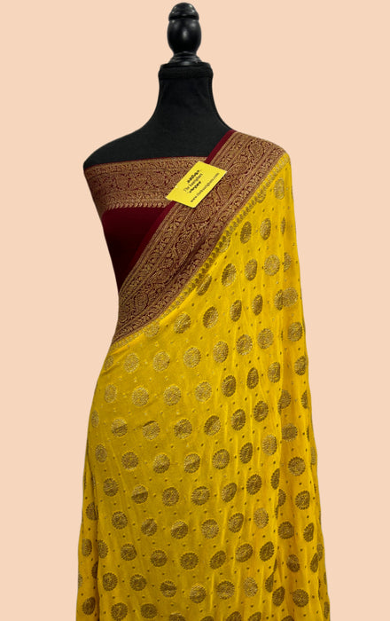 Italian Yellow Khaddi Georgette Banarasi Handloom Saree - Antique Zari