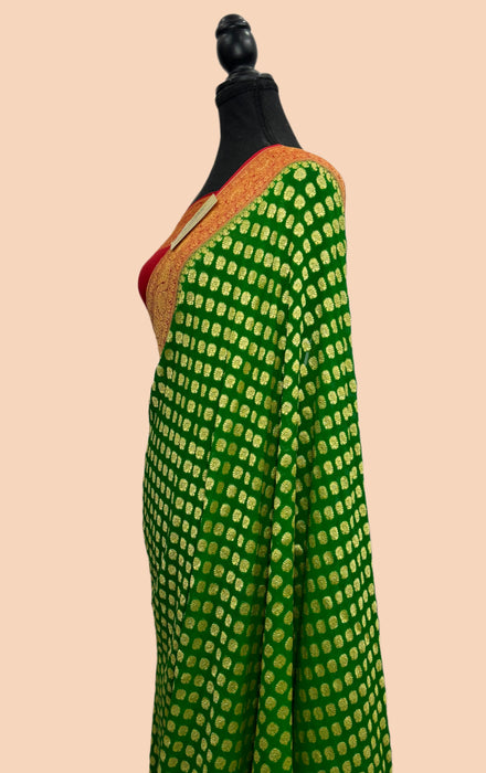 Green Khaddi Georgette Banarasi Handloom Saree - Gold Zari