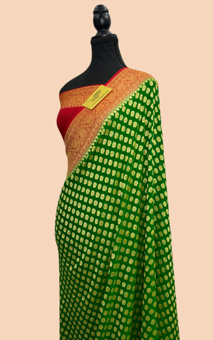 Green Khaddi Georgette Banarasi Handloom Saree - Gold Zari