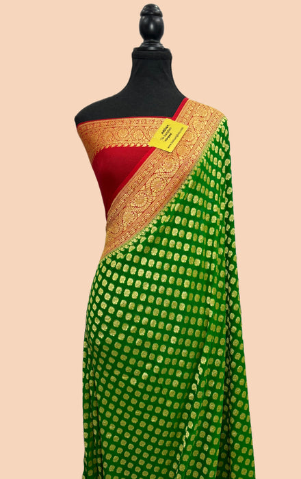 Green Khaddi Georgette Banarasi Handloom Saree - Gold Zari