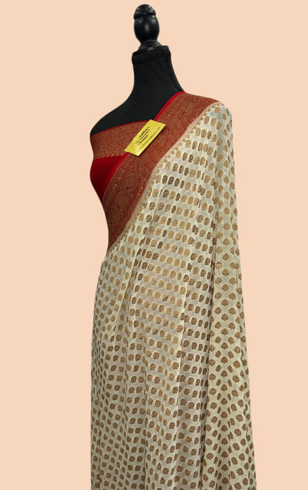 White and Red Khaddi Georgette Banarasi Handloom Saree - Antique Zari