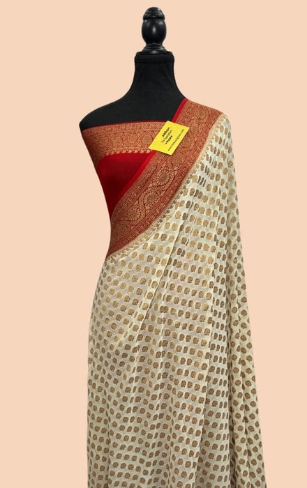 White and Red Khaddi Georgette Banarasi Handloom Saree - Antique Zari