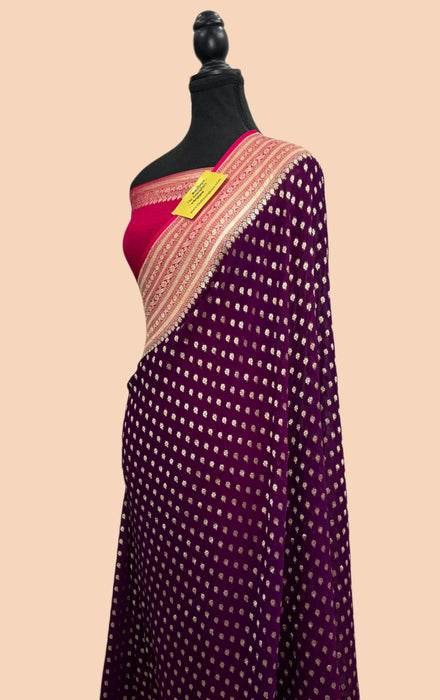 Magenta Khaddi Georgette Banarasi Handloom Saree - Water Zari