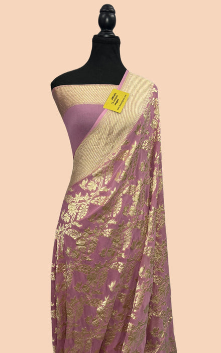 Pink Khaddi Georgette Banarasi Handloom Saree - Water Zari