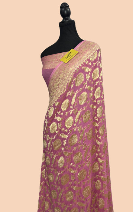 Pink Khaddi Georgette Banarasi Handloom Saree - Water Zari