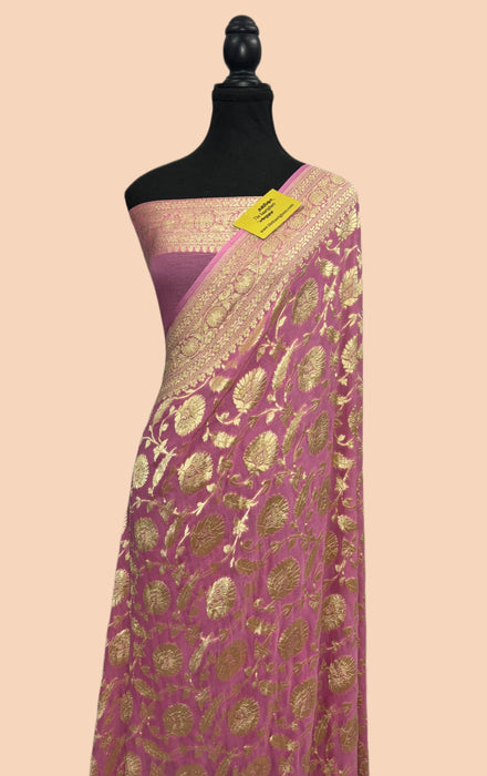 Pink Khaddi Georgette Banarasi Handloom Saree - Water Zari