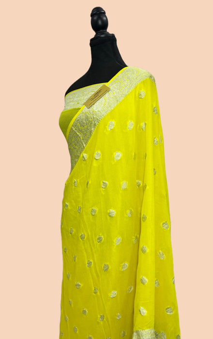 Yellow Pure Khaddi Chiffon Banarasi Handloom Saree