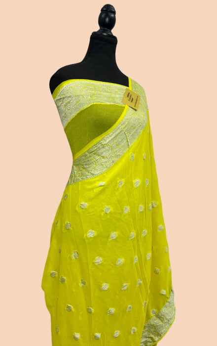Yellow Pure Khaddi Chiffon Banarasi Handloom Saree