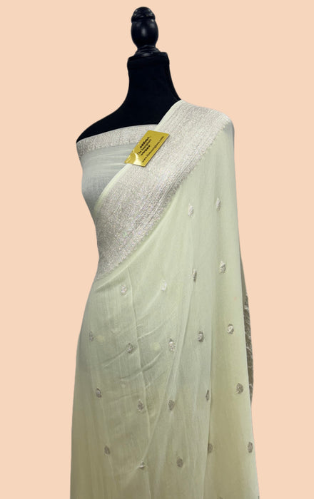 White Pure Khaddi Georgette Banarasi Handloom Saree - Silver Zari