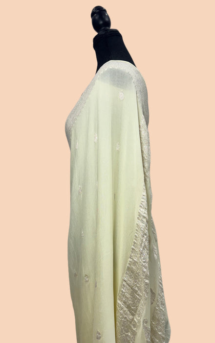 White Pure Khaddi Georgette Banarasi Handloom Saree - Silver Zari