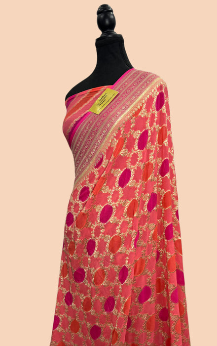 Rangkat Khaddi Georgette Banarasi Handloom Saree - Hand Meenakari