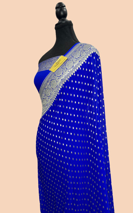 Royal Blue Khaddi Georgette Banarasi Handloom Saree - Water Zari