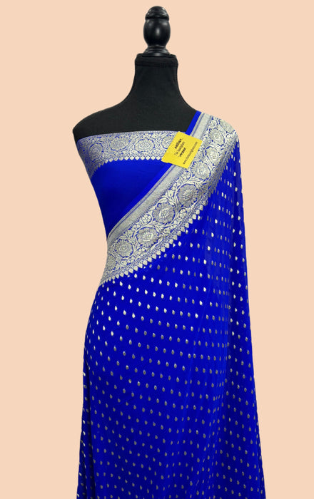 Royal Blue Khaddi Georgette Banarasi Handloom Saree - Water Zari