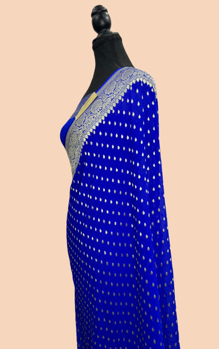 Royal Blue Khaddi Georgette Banarasi Handloom Saree - Water Zari